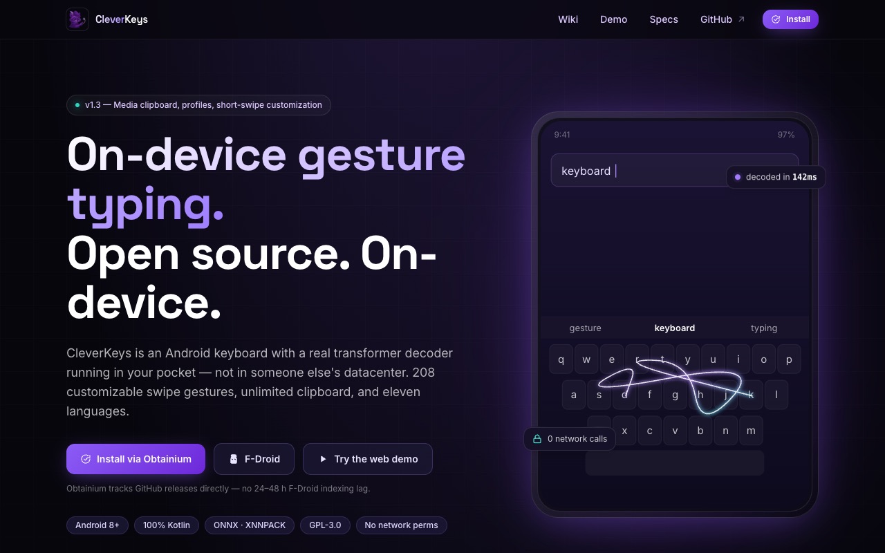 cleverkeys.app: CleverKeys landing page showing the on-device gesture keyboard and its specs