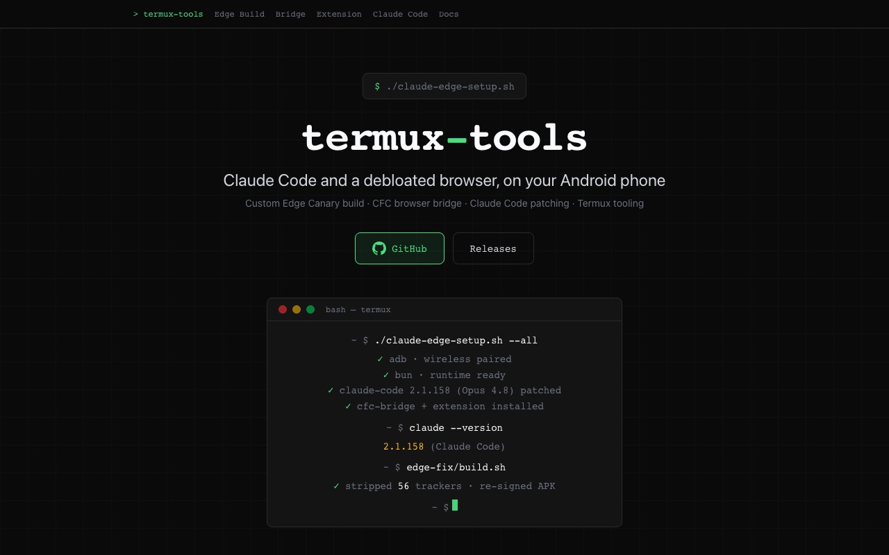 termux.party: termux-tools landing page showing the installer, the CFC bridge, and the Edge debloat pipeline